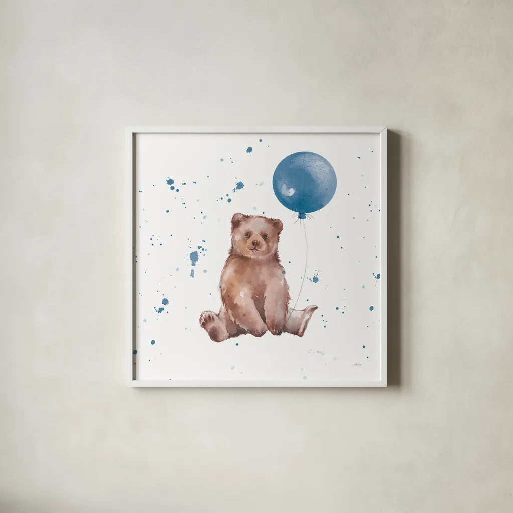 Festive Bear Blue Sq by Katrina Pete. Shown in a crisp white glass frame for a clean and minimalist style. Available as an archival giclee rolled canvas, fine art paper, or poster print. SKU 68783a.