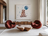 Festive Bear Blue Sq by Katrina Pete. Shown as extra-large giant wall art in a modern living room. Available as an archival giclee rolled canvas, fine art paper, or poster print. SKU 68783a.
