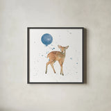 Festive Fawn Blue Sq by Katrina Pete. Shown in a sleek black glass frame for a contemporary gallery look. Available as an archival giclee rolled canvas, fine art paper, or poster print. SKU 68784a.