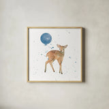 Festive Fawn Blue Sq by Katrina Pete. Shown in a natural wood glass frame for a timeless modern aesthetic. Available as an archival giclee rolled canvas, fine art paper, or poster print. SKU 68784a.