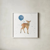 Festive Fawn Blue Sq by Katrina Pete. Shown in a crisp white glass frame for a clean and minimalist style. Available as an archival giclee rolled canvas, fine art paper, or poster print. SKU 68784a.