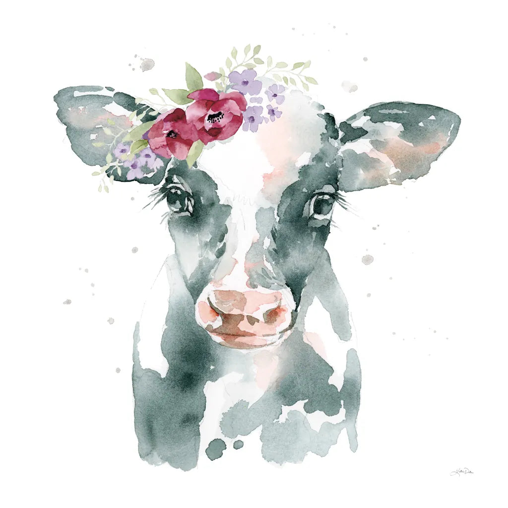 Floral Cow Pink Sq by Katrina Pete. SKU 68843a. Archival Giclee Fine art print for wall decor.