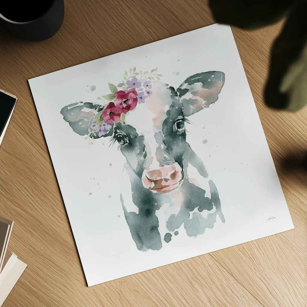 Floral Cow Pink Sq by Katrina Pete. Shown as a detailed flat fine art print, highlighting archival giclee quality. Available as an archival giclee rolled canvas, fine art paper, or poster print. SKU 68843a.