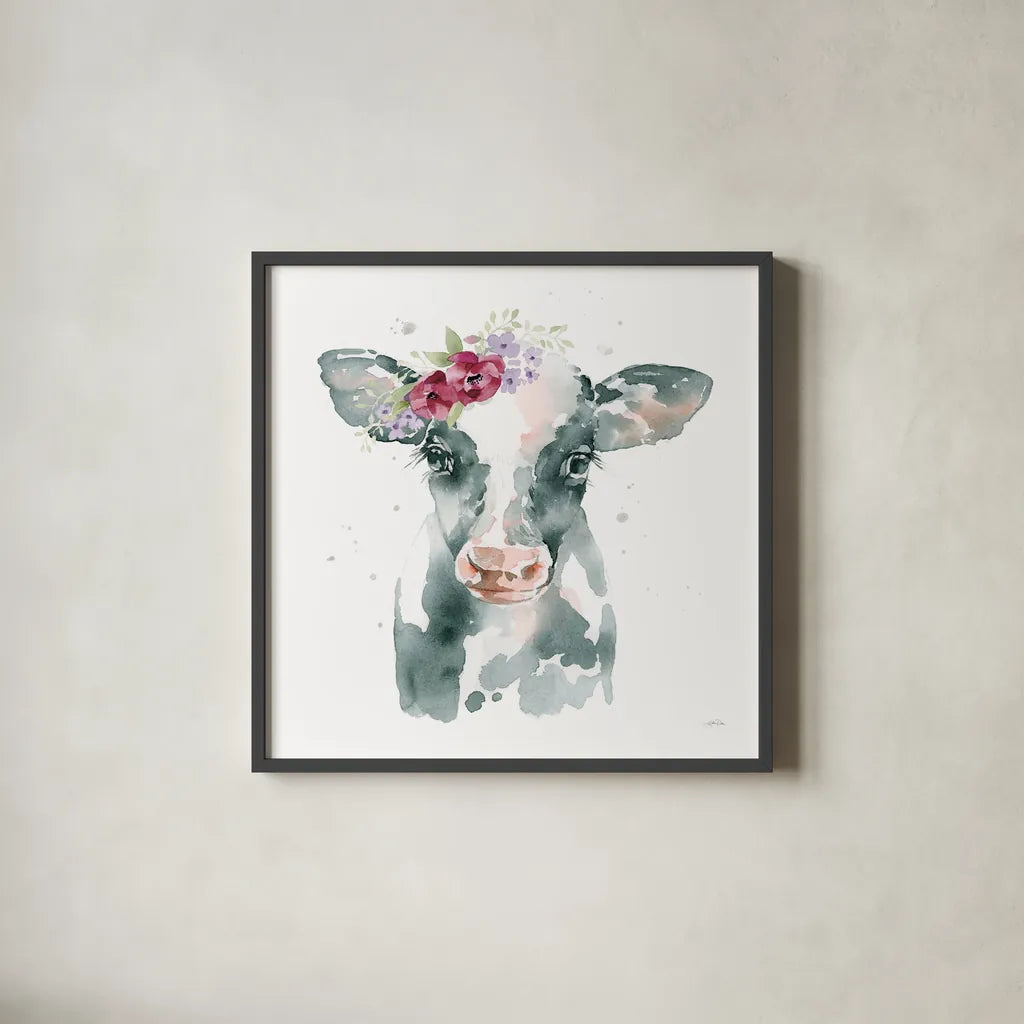 Floral Cow Pink Sq by Katrina Pete. Shown in a sleek black glass frame for a contemporary gallery look. Available as an archival giclee rolled canvas, fine art paper, or poster print. SKU 68843a.