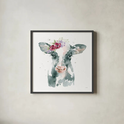 Floral Cow Pink Sq by Katrina Pete. Shown in a sleek black glass frame for a contemporary gallery look. Available as an archival giclee rolled canvas, fine art paper, or poster print. SKU 68843a.