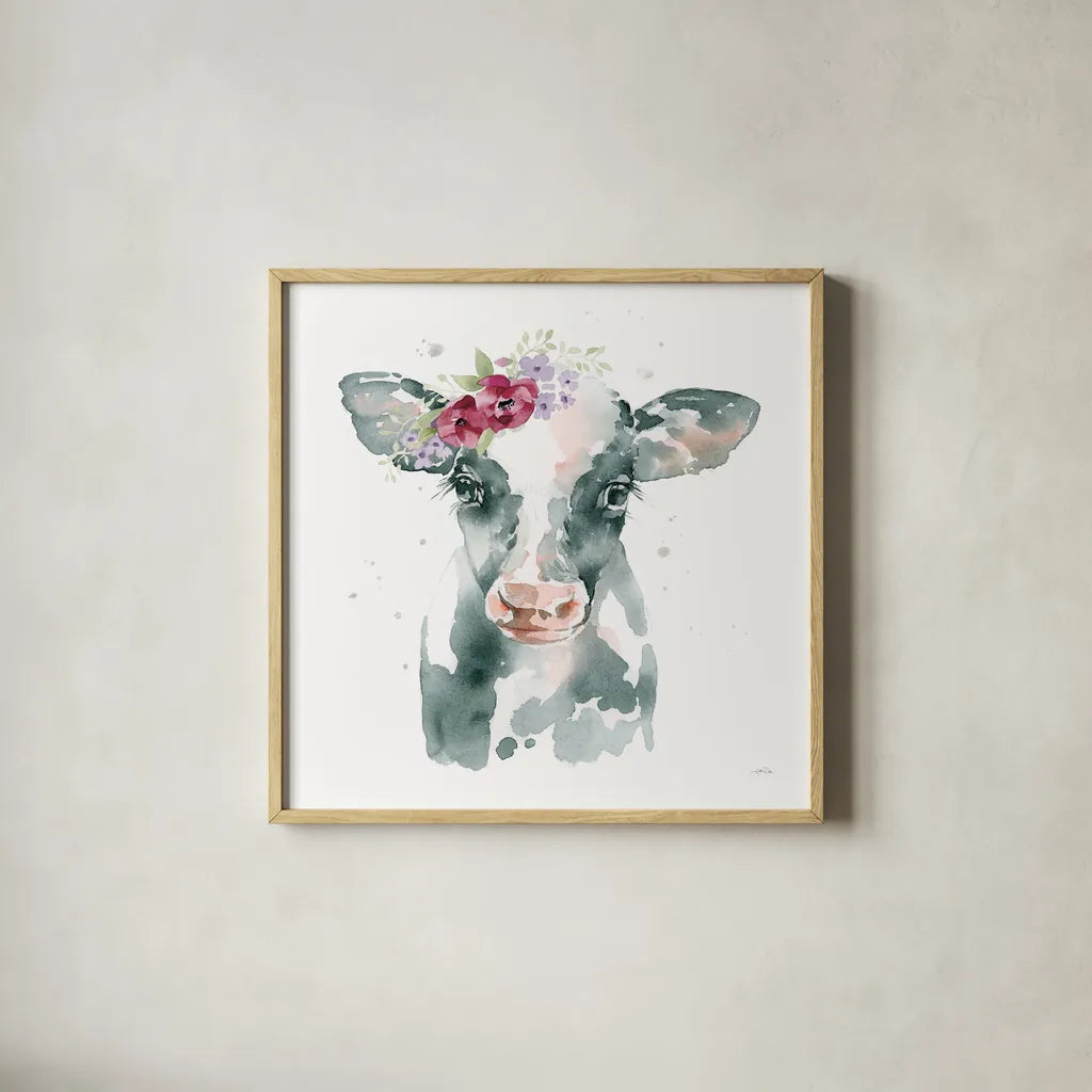 Floral Cow Pink Sq by Katrina Pete. Shown in a natural wood glass frame for a timeless modern aesthetic. Available as an archival giclee rolled canvas, fine art paper, or poster print. SKU 68843a.