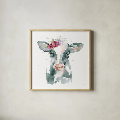 Floral Cow Pink Sq by Katrina Pete. Shown in a natural wood glass frame for a timeless modern aesthetic. Available as an archival giclee rolled canvas, fine art paper, or poster print. SKU 68843a.