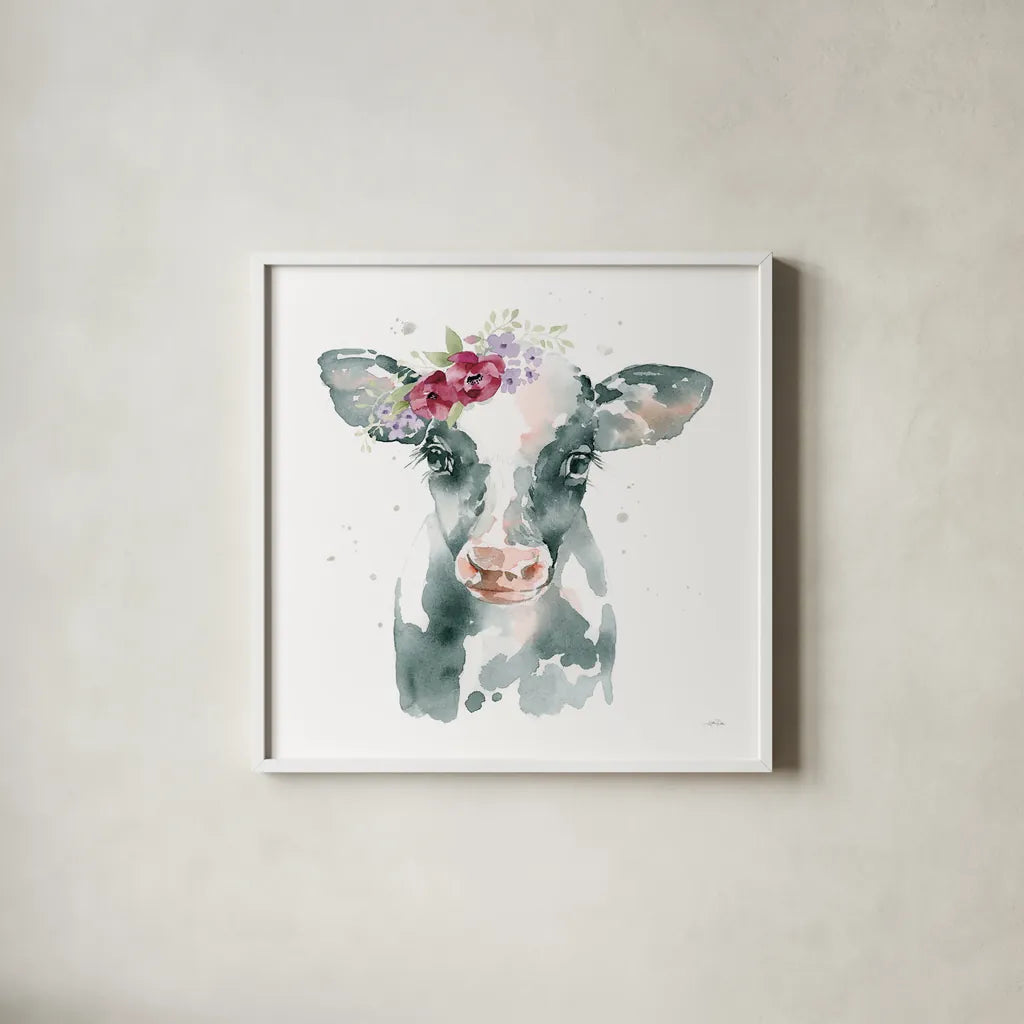 Floral Cow Pink Sq by Katrina Pete. Shown in a crisp white glass frame for a clean and minimalist style. Available as an archival giclee rolled canvas, fine art paper, or poster print. SKU 68843a.