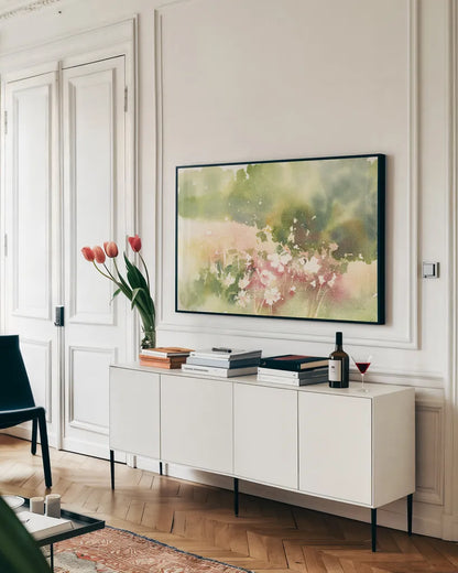 Floral Field by Katrina Pete. shown as a framed stretched canvas in a living room above a console. Available as a archival giclee rolled canvas, fine art paper, or poster print. SKU 65972i.