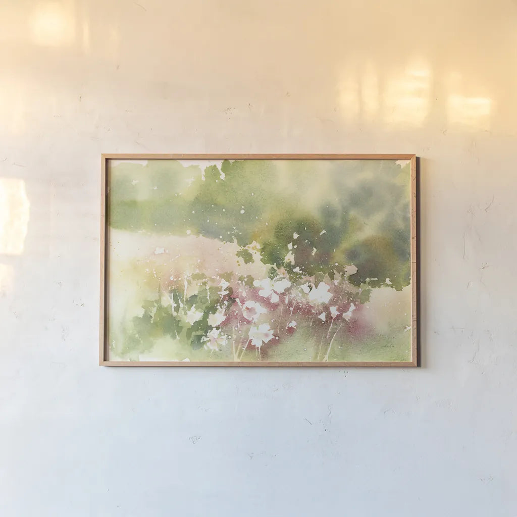 Floral Field by Katrina Pete. shown as a paper print in a natural frame. Available as a archival giclee rolled canvas, fine art paper, or poster print. SKU 65972i.