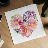 Floral Heart Petals by Katrina Pete. Shown as a detailed flat fine art print, highlighting archival giclee quality. Available as an archival giclee rolled canvas, fine art paper, or poster print. SKU 102528a.