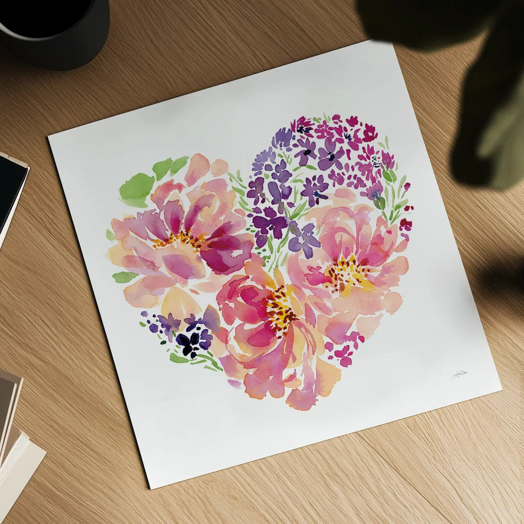 Floral Heart Petals by Katrina Pete. Shown as a detailed flat fine art print, highlighting archival giclee quality. Available as an archival giclee rolled canvas, fine art paper, or poster print. SKU 102528a.