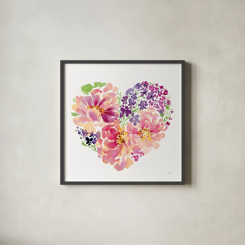 Floral Heart Petals by Katrina Pete. Shown in a sleek black glass frame for a contemporary gallery look. Available as an archival giclee rolled canvas, fine art paper, or poster print. SKU 102528a.