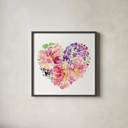 Floral Heart Petals by Katrina Pete. Shown in a sleek black glass frame for a contemporary gallery look. Available as an archival giclee rolled canvas, fine art paper, or poster print. SKU 102528a.