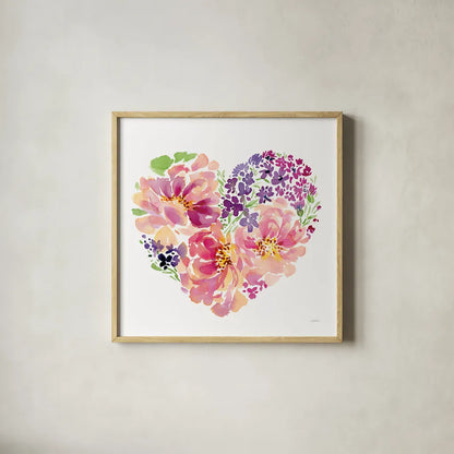 Floral Heart Petals by Katrina Pete. Shown in a natural wood glass frame for a timeless modern aesthetic. Available as an archival giclee rolled canvas, fine art paper, or poster print. SKU 102528a.