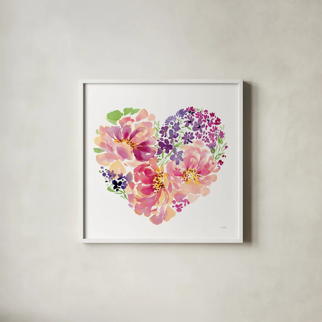 Floral Heart Petals by Katrina Pete. Shown in a crisp white glass frame for a clean and minimalist style. Available as an archival giclee rolled canvas, fine art paper, or poster print. SKU 102528a.