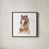 Floral Pony Pink Sq by Katrina Pete. Shown in a sleek black glass frame for a contemporary gallery look. Available as an archival giclee rolled canvas, fine art paper, or poster print. SKU 68844a.