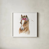 Floral Pony Pink Sq by Katrina Pete. Shown in a crisp white glass frame for a clean and minimalist style. Available as an archival giclee rolled canvas, fine art paper, or poster print. SKU 68844a.
