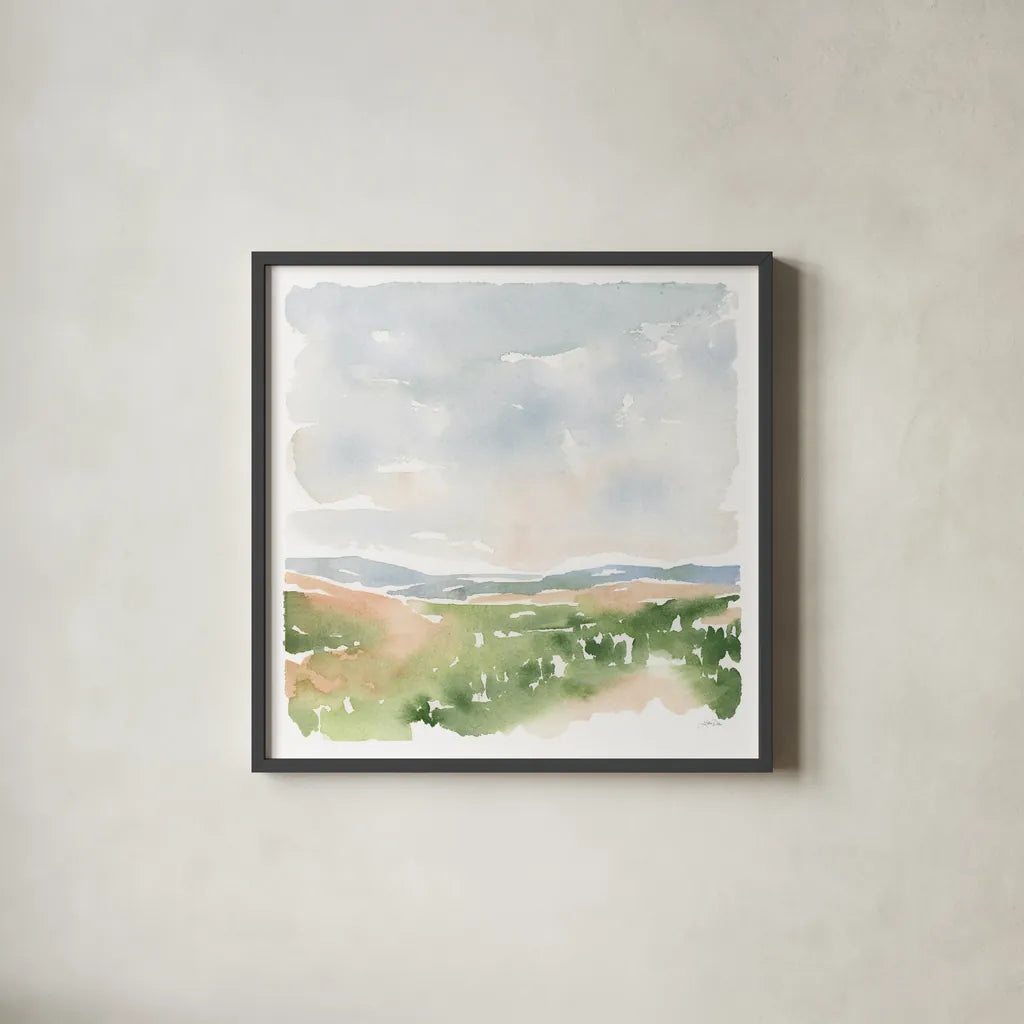 Gentle Landscape I by Katrina Pete. Shown in a sleek black glass frame for a contemporary gallery look. Available as an archival giclee rolled canvas, fine art paper, or poster print. SKU 67126a.