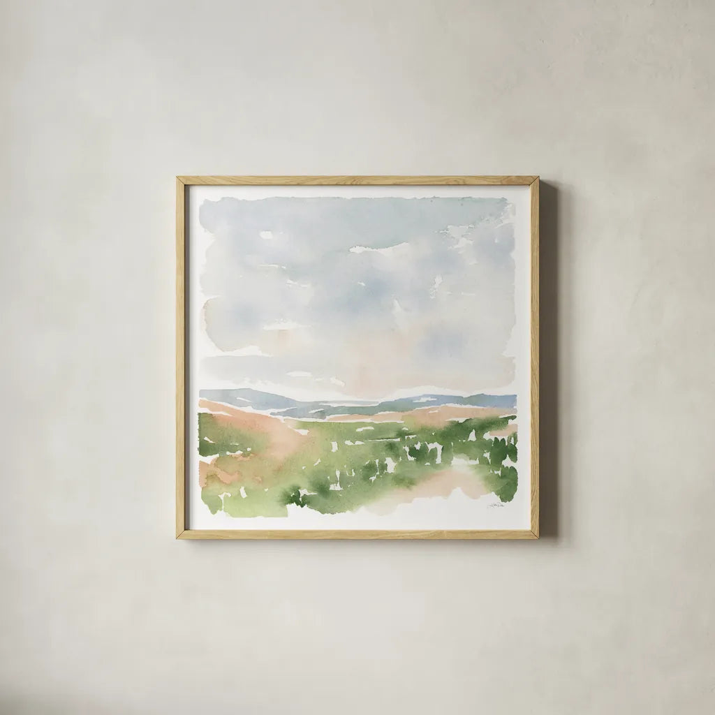 Gentle Landscape I by Katrina Pete. Shown in a natural wood glass frame for a timeless modern aesthetic. Available as an archival giclee rolled canvas, fine art paper, or poster print. SKU 67126a.