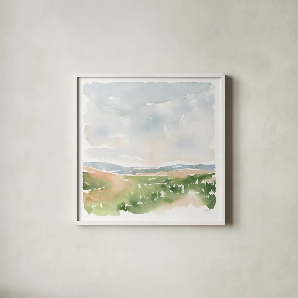 Gentle Landscape I by Katrina Pete. Shown in a crisp white glass frame for a clean and minimalist style. Available as an archival giclee rolled canvas, fine art paper, or poster print. SKU 67126a.