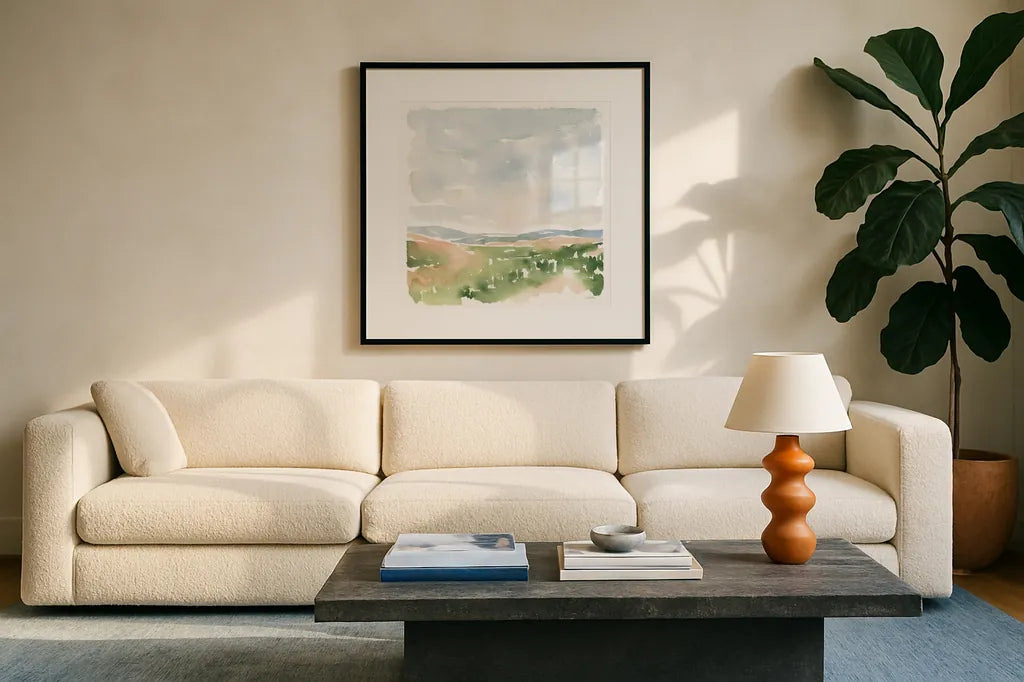 Gentle Landscape I by Katrina Pete. Displayed in a glass frame with matte in a clean modern living room. Available as an archival giclee rolled canvas, fine art paper, or poster print. SKU 67126a.