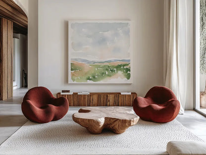 Gentle Landscape I by Katrina Pete. Shown as extra-large giant wall art in a modern living room. Available as an archival giclee rolled canvas, fine art paper, or poster print. SKU 67126a.