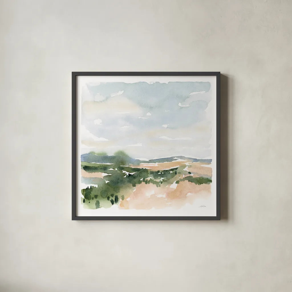Gentle Landscape II by Katrina Pete. Shown in a sleek black glass frame for a contemporary gallery look. Available as an archival giclee rolled canvas, fine art paper, or poster print. SKU 67127a.