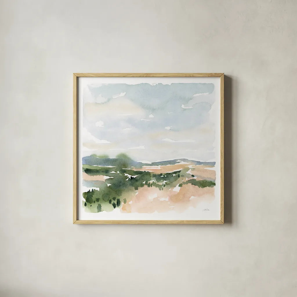 Gentle Landscape II by Katrina Pete. Shown in a natural wood glass frame for a timeless modern aesthetic. Available as an archival giclee rolled canvas, fine art paper, or poster print. SKU 67127a.