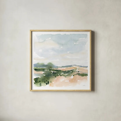 Gentle Landscape II by Katrina Pete. Shown in a natural wood glass frame for a timeless modern aesthetic. Available as an archival giclee rolled canvas, fine art paper, or poster print. SKU 67127a.