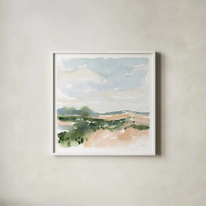 Gentle Landscape II by Katrina Pete. Shown in a crisp white glass frame for a clean and minimalist style. Available as an archival giclee rolled canvas, fine art paper, or poster print. SKU 67127a.