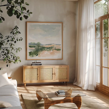 Gentle Landscape II by Katrina Pete. Shown in a natural wood frame in a cozy modern living room. Available as an archival giclee rolled canvas, fine art paper, or poster print. SKU 67127a.