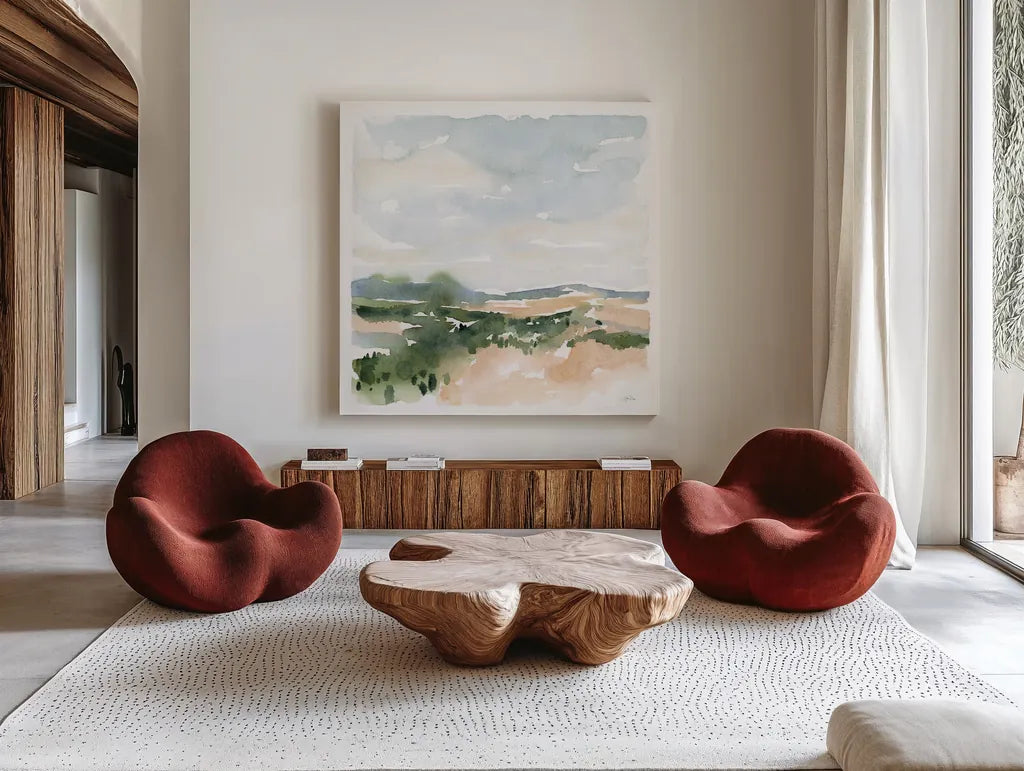 Gentle Landscape II by Katrina Pete. Shown as extra-large giant wall art in a modern living room. Available as an archival giclee rolled canvas, fine art paper, or poster print. SKU 67127a.