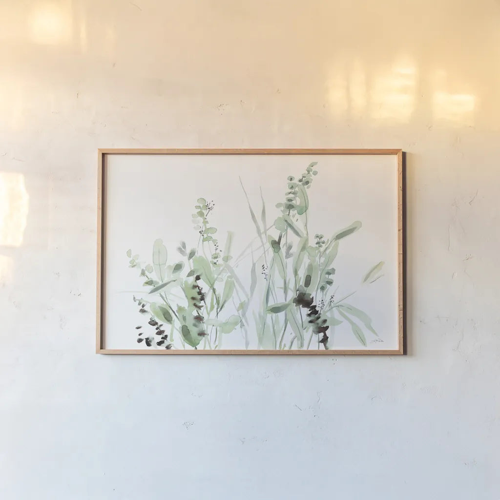 Grasses I by Katrina Pete. shown as a paper print in a natural frame. Available as a archival giclee rolled canvas, fine art paper, or poster print. SKU 77778i.