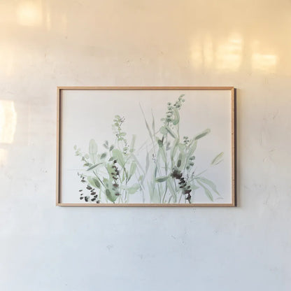 Grasses I by Katrina Pete. shown as a paper print in a natural frame. Available as a archival giclee rolled canvas, fine art paper, or poster print. SKU 77778i.