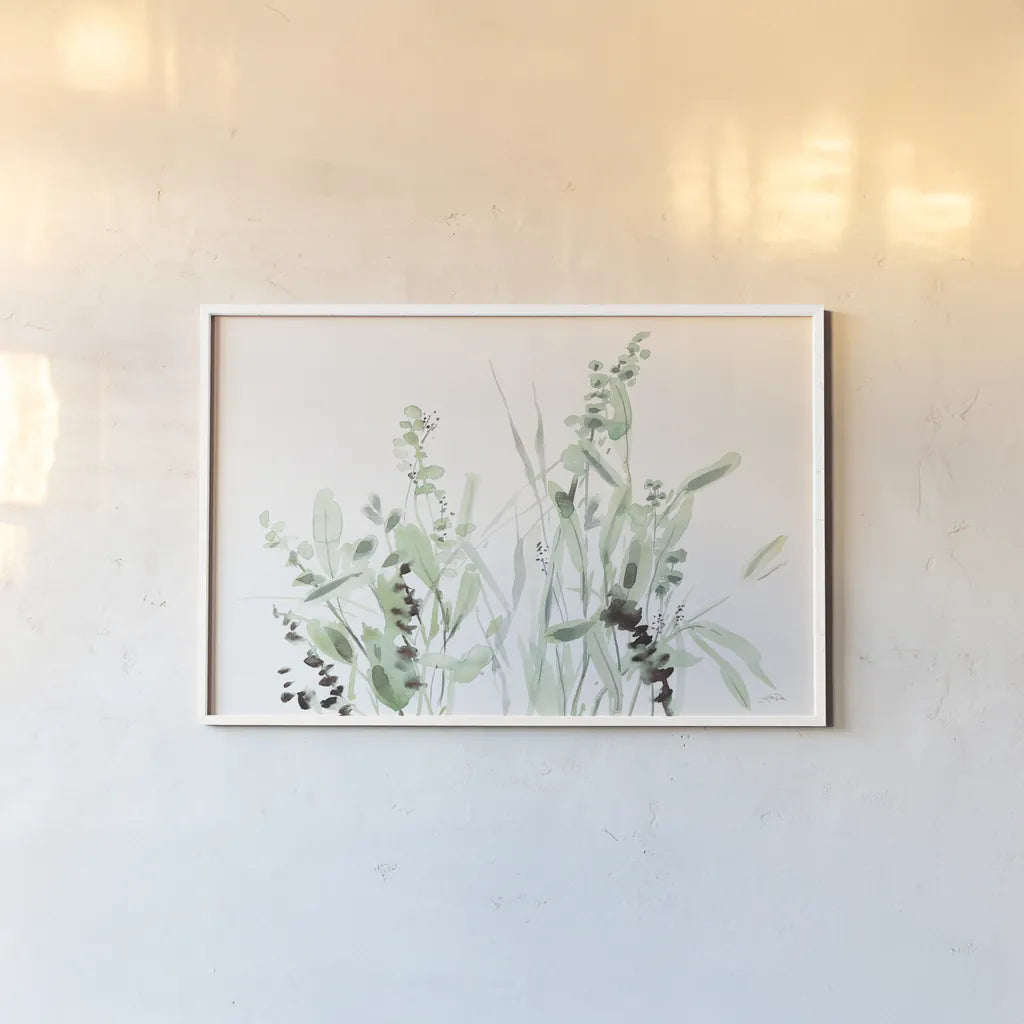 Grasses I by Katrina Pete. shown as a paper print in a white frame. Available as a archival giclee rolled canvas, fine art paper, or poster print. SKU 77778i.