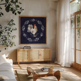 Home to Roost I by Katrina Pete. Shown in a natural wood frame in a cozy modern living room. Available as an archival giclee rolled canvas, fine art paper, or poster print. SKU 85169a.