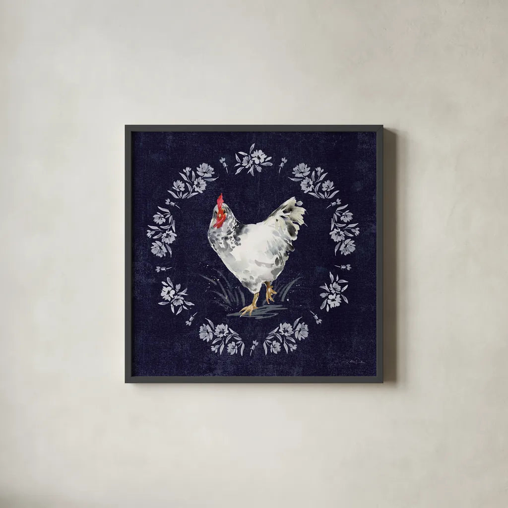 Home to Roost II by Katrina Pete. Shown in a sleek black glass frame for a contemporary gallery look. Available as an archival giclee rolled canvas, fine art paper, or poster print. SKU 85170a.