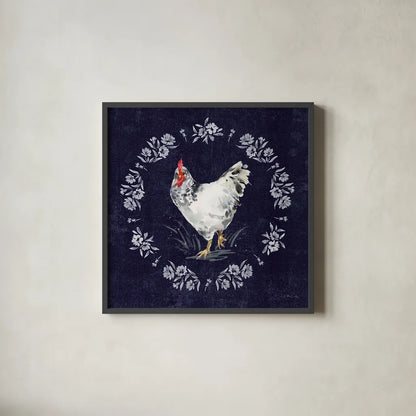 Home to Roost II by Katrina Pete. Shown in a sleek black glass frame for a contemporary gallery look. Available as an archival giclee rolled canvas, fine art paper, or poster print. SKU 85170a.