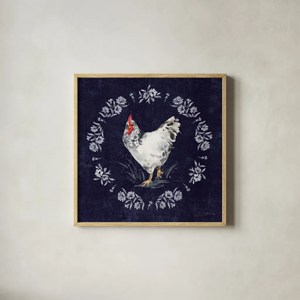 Home to Roost II by Katrina Pete. Shown in a natural wood glass frame for a timeless modern aesthetic. Available as an archival giclee rolled canvas, fine art paper, or poster print. SKU 85170a.