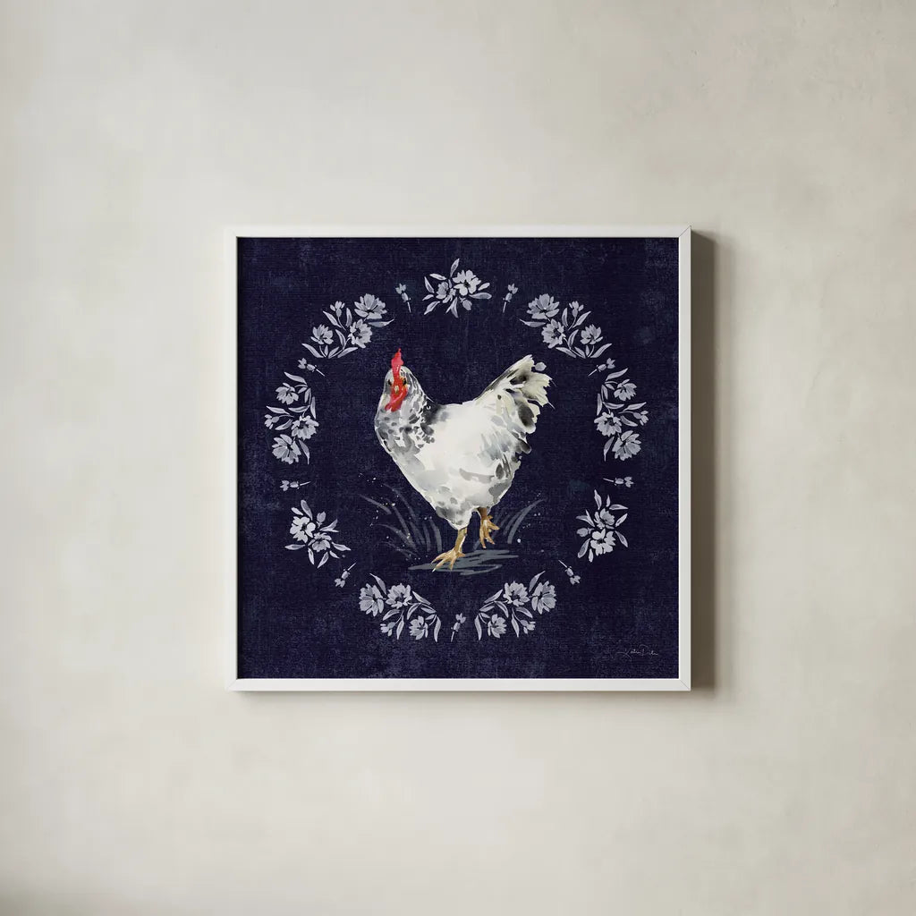 Home to Roost II by Katrina Pete. Shown in a crisp white glass frame for a clean and minimalist style. Available as an archival giclee rolled canvas, fine art paper, or poster print. SKU 85170a.