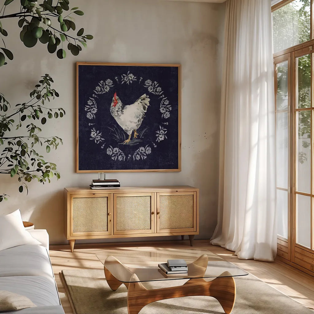 Home to Roost II by Katrina Pete. Shown in a natural wood frame in a cozy modern living room. Available as an archival giclee rolled canvas, fine art paper, or poster print. SKU 85170a.