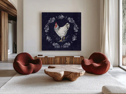 Home to Roost II by Katrina Pete. Shown as extra-large giant wall art in a modern living room. Available as an archival giclee rolled canvas, fine art paper, or poster print. SKU 85170a.
