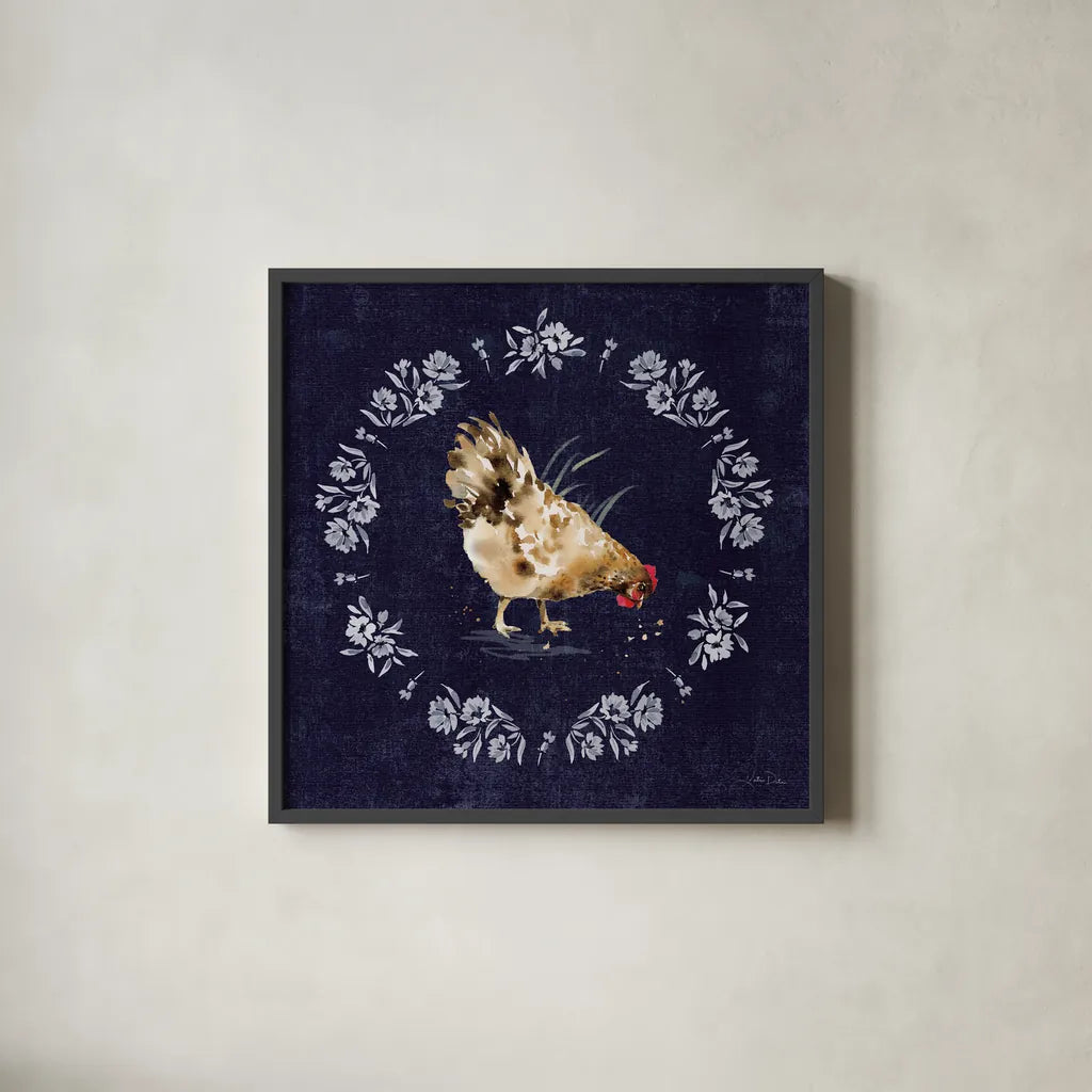 Home to Roost III by Katrina Pete. Shown in a sleek black glass frame for a contemporary gallery look. Available as an archival giclee rolled canvas, fine art paper, or poster print. SKU 85171a.