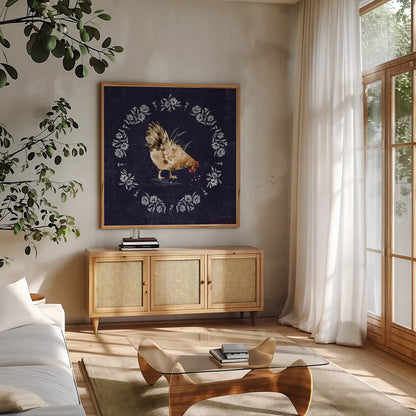 Home to Roost III by Katrina Pete. Shown in a natural wood frame in a cozy modern living room. Available as an archival giclee rolled canvas, fine art paper, or poster print. SKU 85171a.