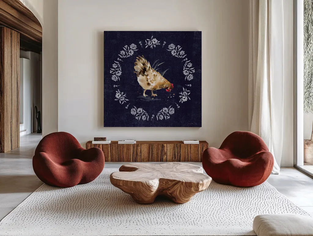 Home to Roost III by Katrina Pete. Shown as extra-large giant wall art in a modern living room. Available as an archival giclee rolled canvas, fine art paper, or poster print. SKU 85171a.
