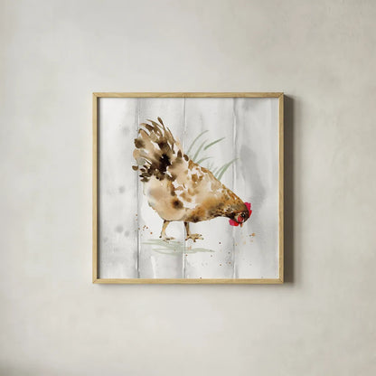 Home to Roost III Barn Board by Katrina Pete. Shown in a natural wood glass frame for a timeless modern aesthetic. Available as an archival giclee rolled canvas, fine art paper, or poster print. SKU 85563a.
