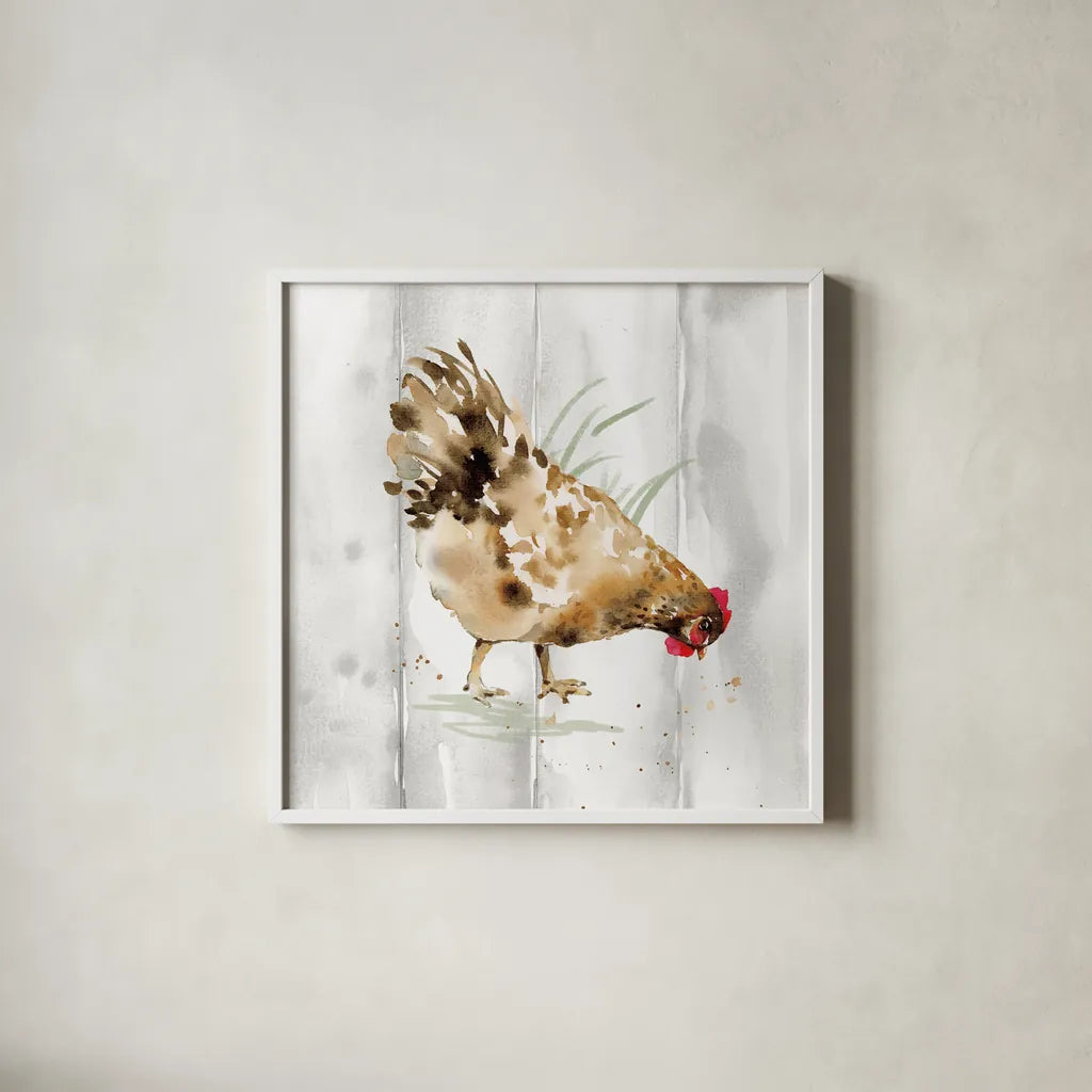 Home to Roost III Barn Board by Katrina Pete. Shown in a crisp white glass frame for a clean and minimalist style. Available as an archival giclee rolled canvas, fine art paper, or poster print. SKU 85563a.