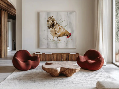 Home to Roost III Barn Board by Katrina Pete. Shown as extra-large giant wall art in a modern living room. Available as an archival giclee rolled canvas, fine art paper, or poster print. SKU 85563a.