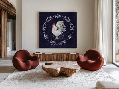 Home to Roost IV by Katrina Pete. Shown as extra-large giant wall art in a modern living room. Available as an archival giclee rolled canvas, fine art paper, or poster print. SKU 85172a.